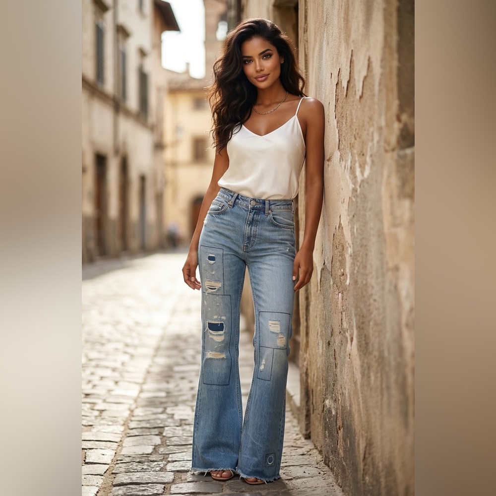 We The Free Patchwork Distressed Flare Jeans Raw … - image 1